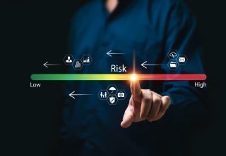 Risk management and reduction concept, Businessman touch on level bar adjust risk assessment to low-level, Business, Financial, Insurance, Healthcare,  Management control, and strategy, Measure